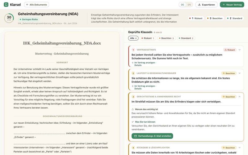 Each clause explained in plain German — and one click drafts a ready-to-send negotiation email.