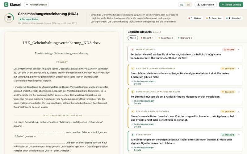 The result view: every clause rated red, amber or green, with a transparent 0–100 score.